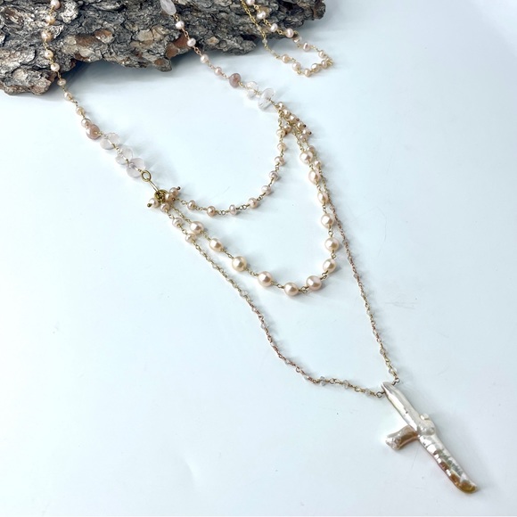 Blush Pink Gemstone 14k Gold Filled Multistrand Necklace, Baroque Pearl Cross - Picture 7 of 7